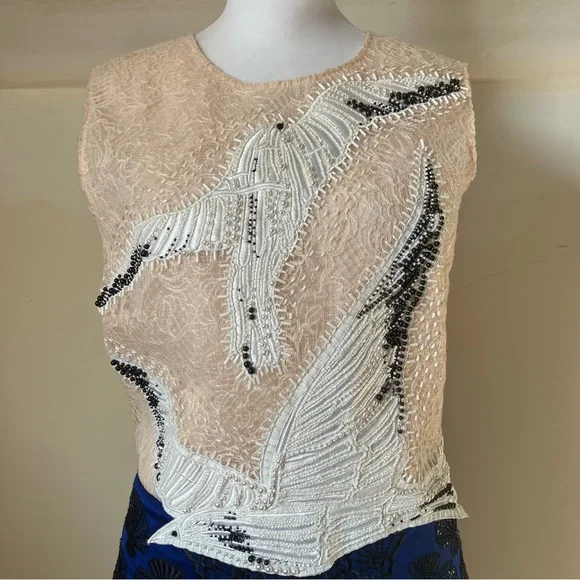 Emilio Pucci Blush Lace Beaded Bird Sleeveless Blue Scallop Shell Dress size 14 - Picture 3 of 15